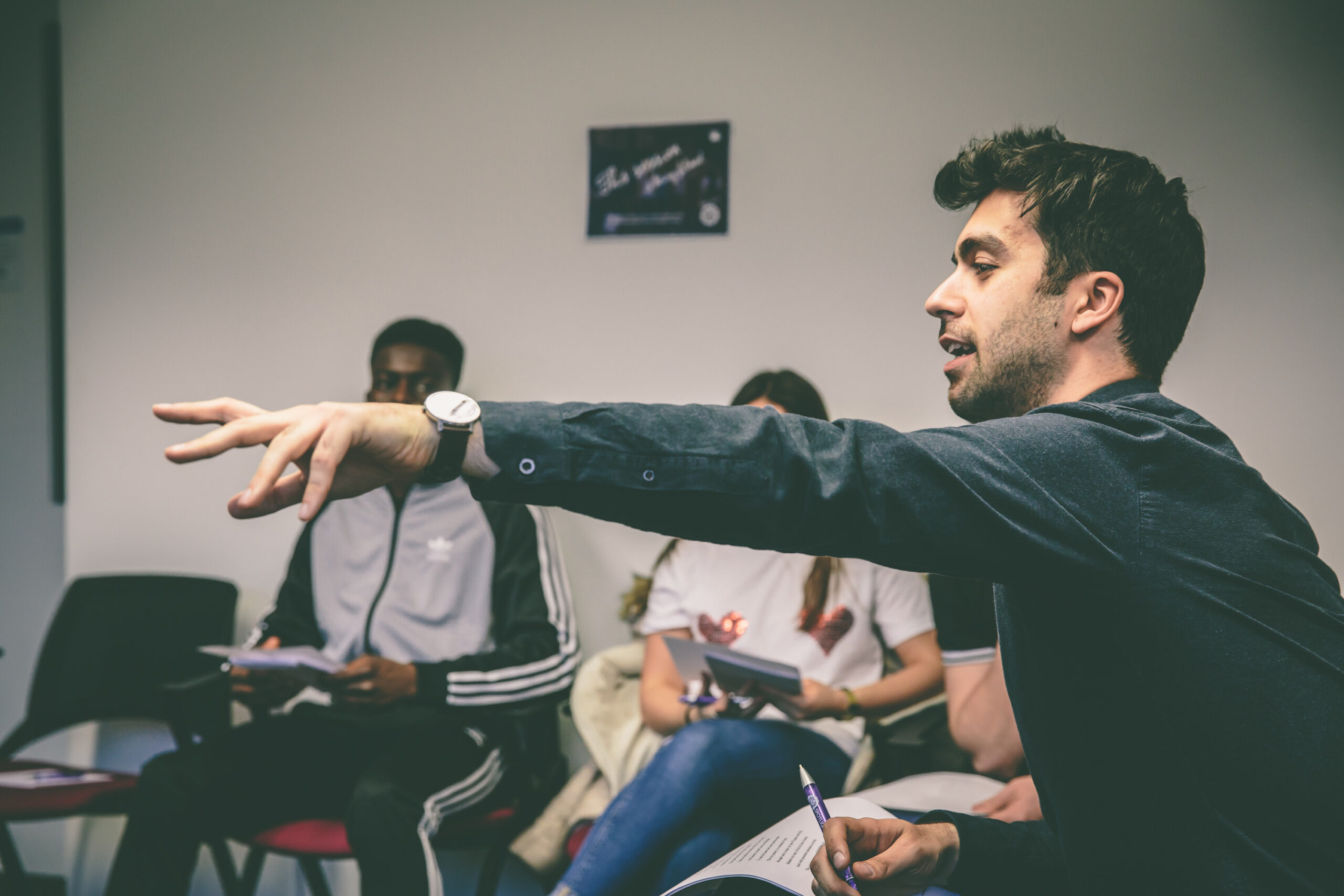 A performer acts out a scene.