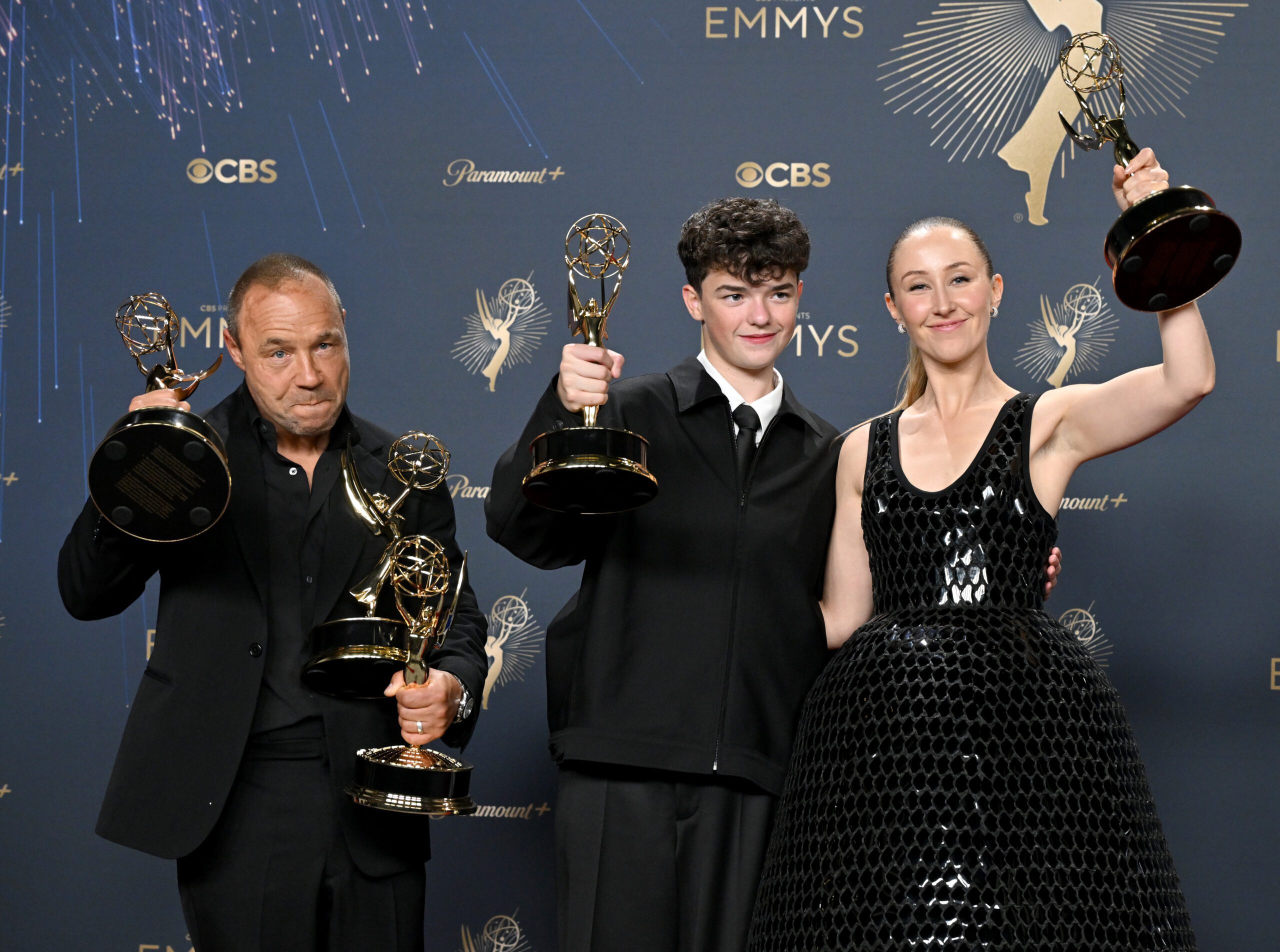 Stephen Graham, Owen Cooper and Erin Doherty pose in the press room after winning Emmy Awards for 'Adolescence'