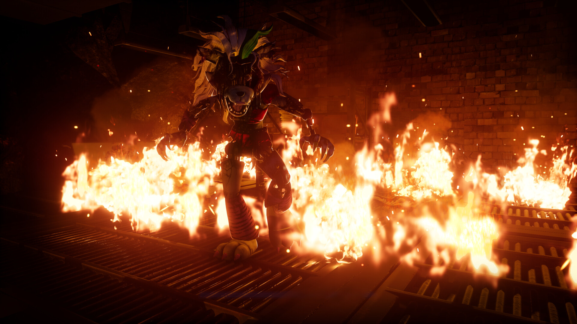 Roxanne Wolf walking through fire in Five Nights at Freddy's: Security Breach