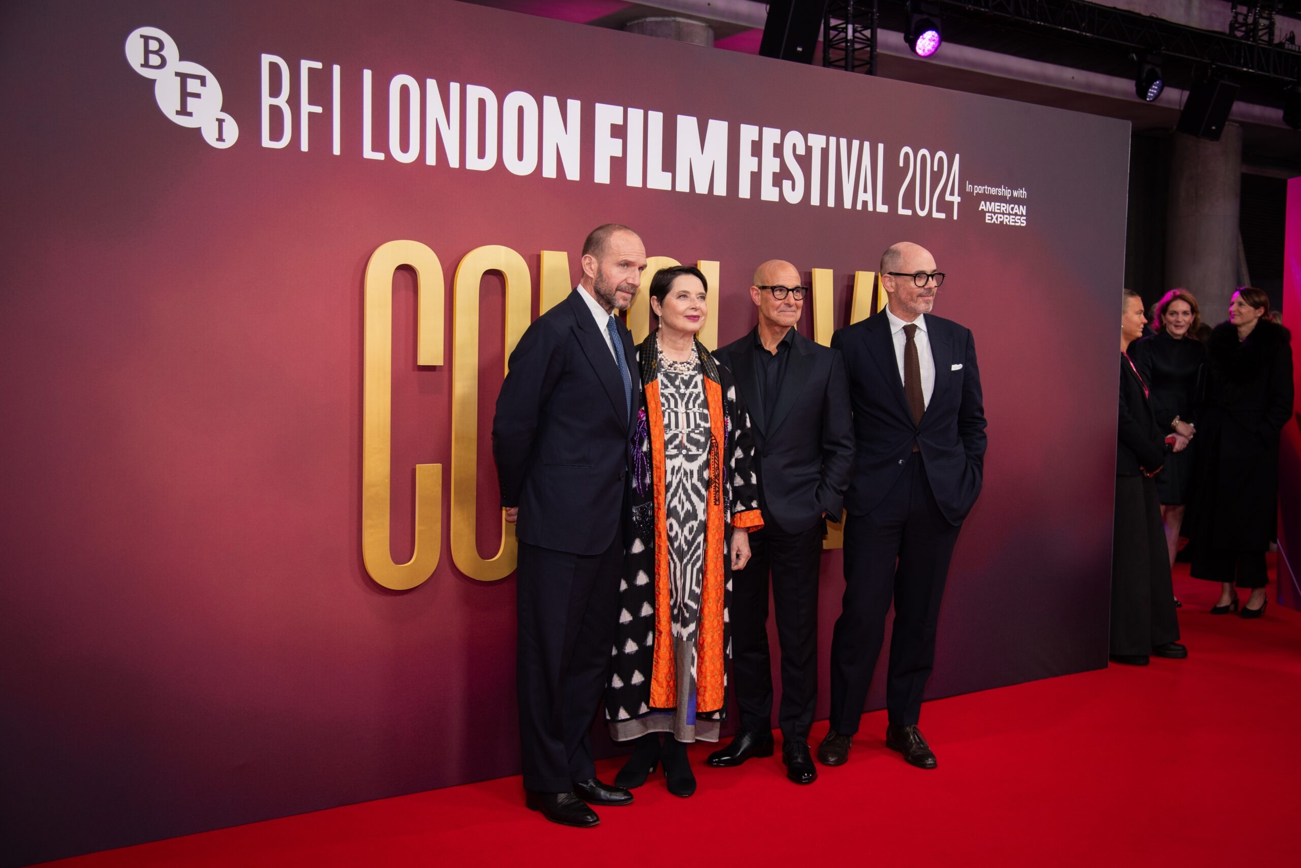 Ralph Fiennes, Isabella Rossellini and Stanley Tucci attend the "Conclave" Headline Gala during the 68th BFI London Film Festival