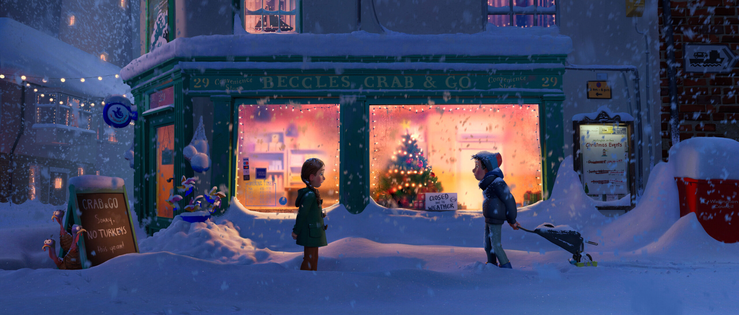Danny and Sam talking in the snow outside a shop in 'That Christmas'