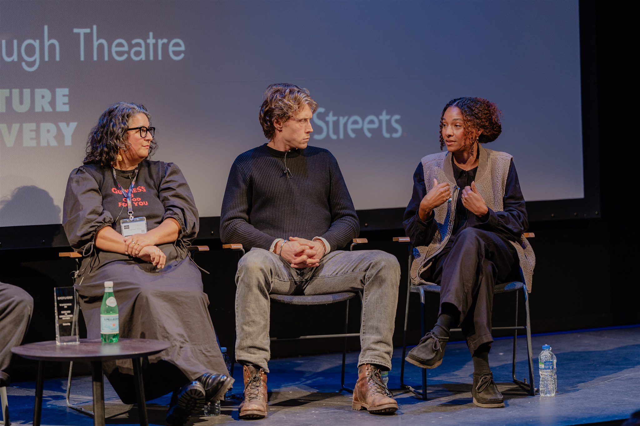 Casting director Shaheen Baig, actor George MacKay and Axa Hynes on stage at The Spotlight Conference