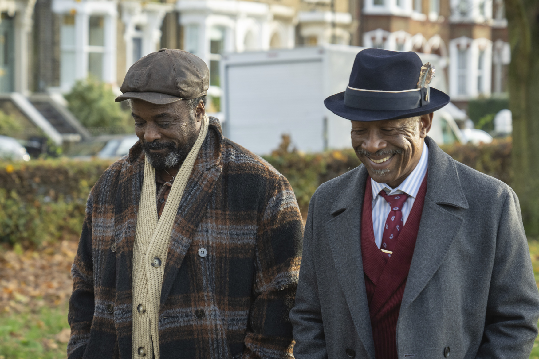 Morris De La Roux (ARIYON BAKARE) & Barry Walker (LENNIE JAMES) in 'Mr Loverman' walking in the park together