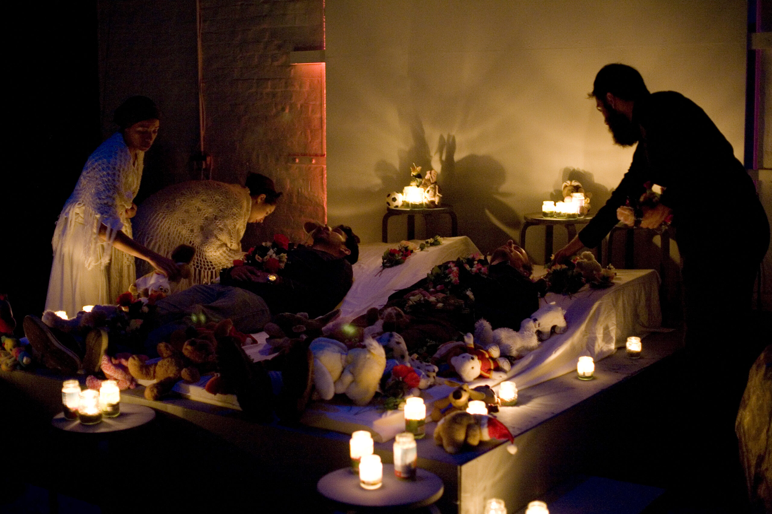 Guests helping to build burial shrines in 'Hotel Medea' by ZU-UK